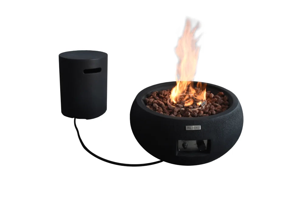 Ronde zwarte bowl tuinhaard Elementi met gasfles cover